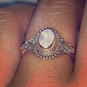 Silver ring with genuine rainbow moonstone